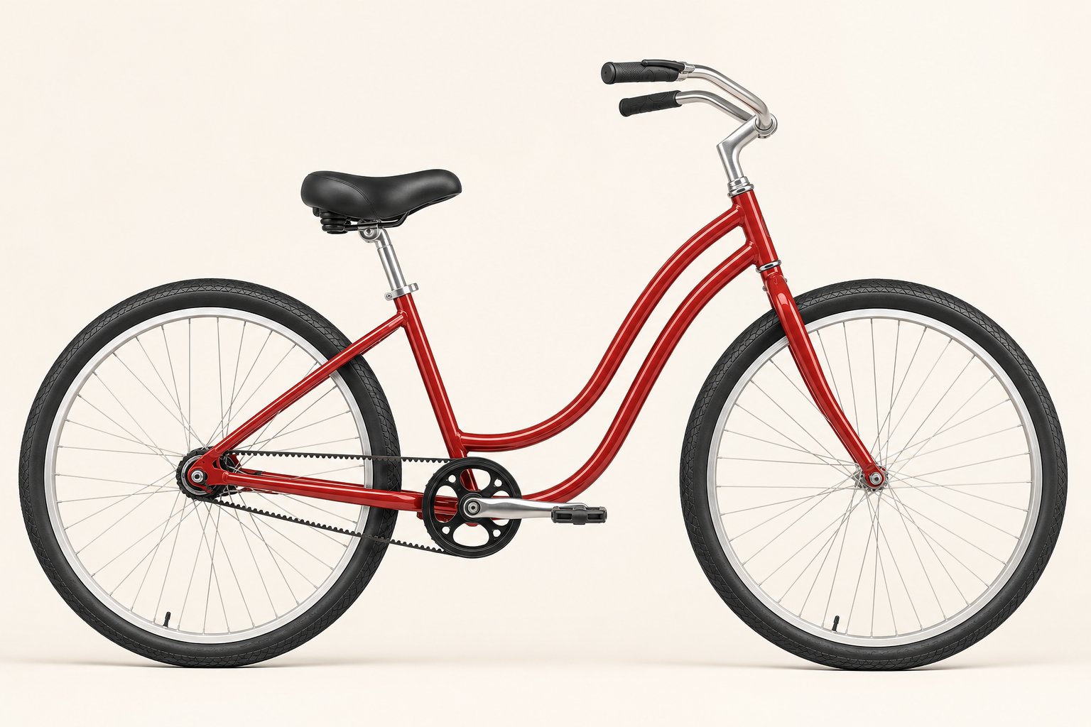 Red step-through rental cruiser bicycle with belt drive